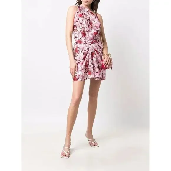 Iro Cevals One-Shoulder Draped Floral Silk Mini Dress Mixed Pink